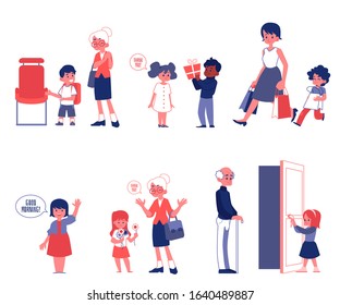 Kids good manners and polity set of flat vector Illustrations isolated on a white background. Children helping and giving a way to adults scenes of good behavior.
