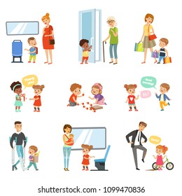 Kids good manners set, polite children helping adults, giving way to transport, thanking each other vector Illustrations isolated on a white background.
