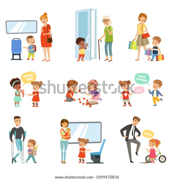 Kids good manners set, polite children\
helping adults, giving way to transport, thanking each other vector\
Illustrations isolated on a white\
background.