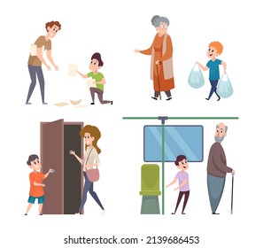 Kids good manners. Thank characters polite people kids give way to elderly exact vector illustrations set isolated