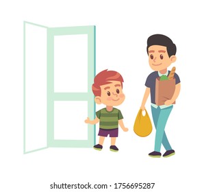 Kids Good Manners. Vector Boy Helping Adult. Polite Kid With Good Manners Opening The Door To Man With Packages. Children Etiquette Concept. Cartoon Flat Vector Illustration