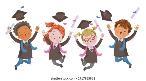 Kids graduate jumping. Graduation Children jumping. Graduate group. Gestures very happy. Cheers! Success. Concept illustration of Diploma graduating little for kid. Successful Strong, growing.