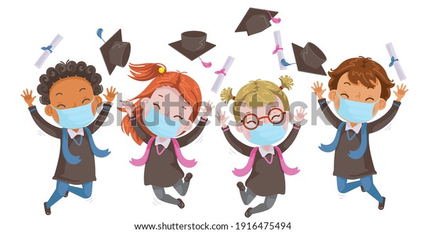 Kids graduate. Kids mask jumping. Graduation Children jumping. Graduate group. Gestures very happy. Cheers! Success. Concept illustration of Diploma graduating little for kid. Successful strong.