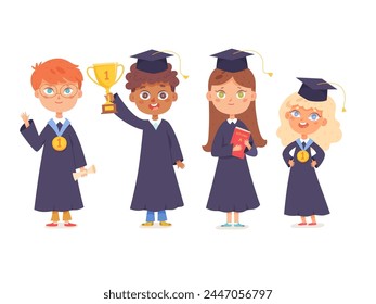 Niños graduados de pie en Ilustración vectorial de fila. Caricatura aislada lindo personajes pequeños felices en batas académicas y sombrero que sostiene el diploma de la escuela y la copa de oro en la ceremonia de celebración de la graduación