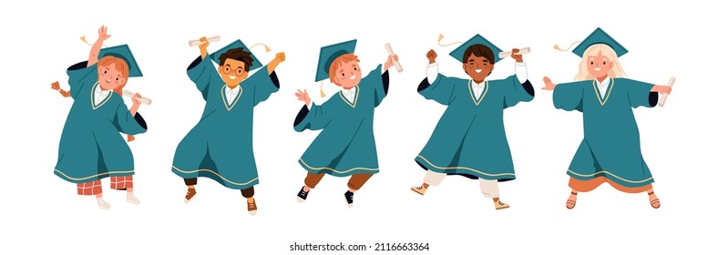 Kids Graduating In Graduation Gowns And Caps Set. Happy Elementary School Children With Diplomas. Diverse Boys And Girls Students Jumping. Flat Vector Illustration Isolated On White Background