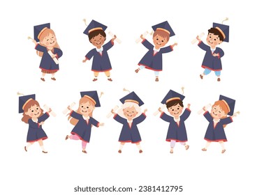 Kids Graduating Wear Blue Gown and Graduation Cap Vector Set