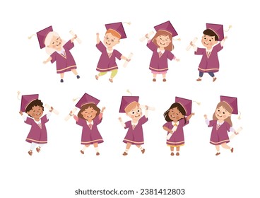 Kids Graduating Wear Purple Gown and Graduation Cap Vector Set