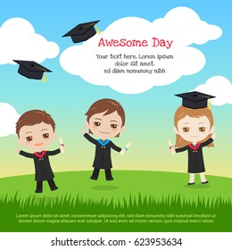 Kids graduation day with boy and girl throwing graduation cap to the sky in cartoon style