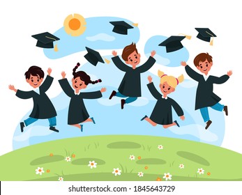 Kids graduation day. Kindergarten cute cheerful multiethnic children jump in black cloaks and academic hats. Successful graduate little happy boys and girls on summer landscape, vector cartoon concept