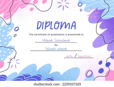 Kids graduation diploma design. Childish certificate template with abstract elements, shapes. Elementary school graduating document, personal achievement paper. Colored flat vector illustration