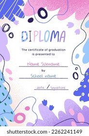 Kids graduation diploma design. Childrens vertical certificate template for elementary school graduating. Achievement document, appreciation paper. Childish colored flat graphic vector illustration