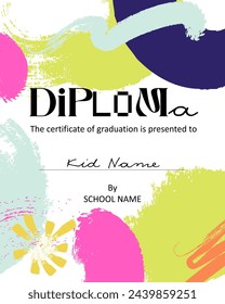 Kids graduation diploma design. Childrens vertical certificate template for elementary school graduating. Achievement document, appreciation paper. Childish colored flat graphic vector illustration.