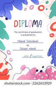 Kids graduation diploma template. Childrens success certificate design for school graduating. Achievement document, honor paper card, elementary education. Colored flat graphic vector illustration