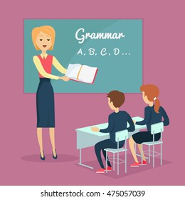 Kids grammar teaching concept vector . Illustration in flat design. Couple of kids, boy and girl, studying grammar, sitting at their desks with the teacher in the classroom. School ABC lessons.