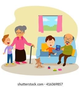 Kids with grandparents enjoying vacation in vector