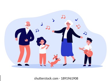 Kids, grandparents and pets having fun. Dog, playing musical instrument, dancing. Flat vector illustration. Family party, unity, generation concept for banner, website design or landing web page