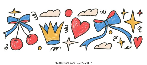 Kids graphic shapes crayon drawn set. Naive multi colors doodle stickers figures on white background. Crown, cherry, heart and bow with geometric forms sketch elements. Vector illustration by pencil.