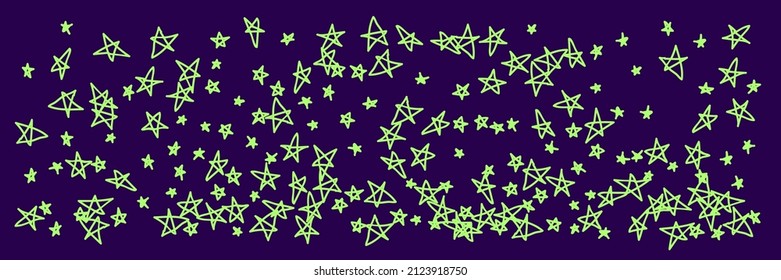 Kids Green Childish Chaotic Bright Vivid Pastel Dark Stars Background. Vibrant Violet Naive Night Stars Neon Purple Handdrawn Stars. Shiny Mint Lavender Violet Childish Pastel Naive Illustration.