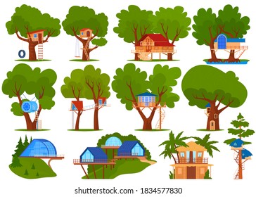 Kids green tree house vector illustration set. Cartoon flat ecological treehouse for child playing and party collection, beach bungalow among palm trees, eco playhouse in garden isolated on white