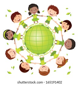 Niños por un mundo más verde. Niños de globo. Ilustración vectorial de los diversos niños que toman las manos.
