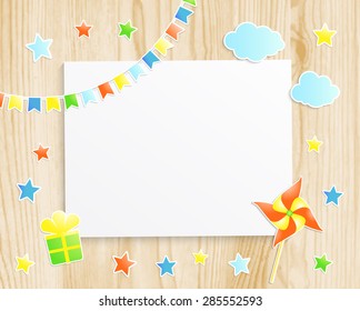 Kids greeting card or invitation for baby little boy with pinwheel, stars, flags, gift box and  photo frame on wooden background. Vector EPS10