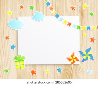 Kids greeting card or invitation for baby with pinwheels, stars, flags, gift box and  photo frame on wooden background. Vector EPS10