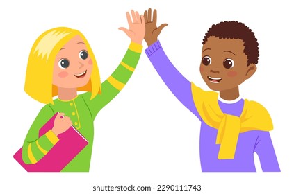 Kids greeting gesture. High five. Children smiling and clapping hands. Happiness expression. Positive emotion. Friends successful partnership. Success congratulations