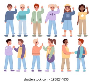 Kids Greetings. Preschool Children Say Hello Or Goodbye With Gestures, Welcome Handshakes And Waving Arm, Smiling Happy Boys And Girls, Childhood Collection. Vector Isolated Set