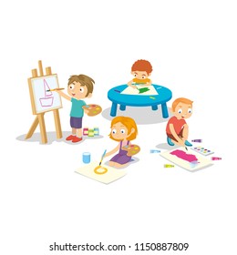 Kids group drawing with canvas on the table