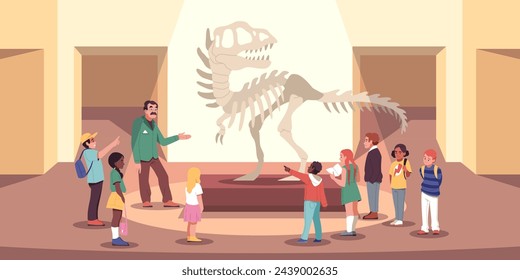 Kids group in exhibition hall. Guide tells children about tyrannosaurus rex, dinosaur museum, extinct animal skeleton. Historical artefact and scull cartoon flat isolated tidy vector concept