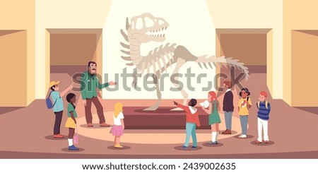 Kids group in exhibition hall. Guide tells children about tyrannosaurus rex, dinosaur museum, extinct animal skeleton. Historical artefact and scull cartoon flat isolated tidy vector concept