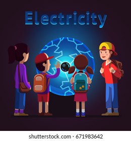 Kids group girls, boys watching, touching big plasma ball globe at electricity museum excursion. School students on field trip together. Educational science exhibition. Flat style vector illustration.