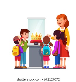 Kids group girls, boys watching kings jeweled golden crown in glass showcase at historical museum excursion. School teen students on field trip together with teacher. Flat style vector illustration.