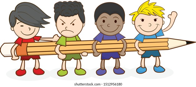 Kids Group Holding Pencil Teamwork Vector Stock Vector (Royalty Free ...