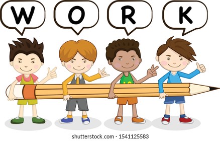 Kids group holding Pencil. Teamwork Vector Work Popup