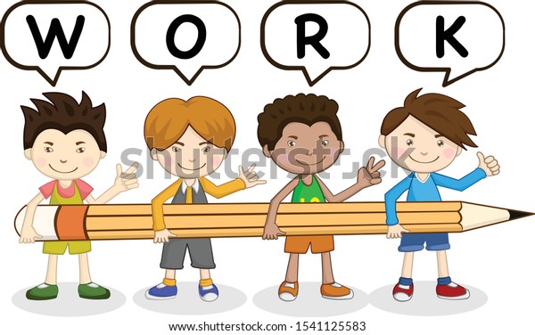 Kids Group Holding Pencil Teamwork Vector Stock Vector (Royalty Free ...