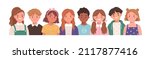 Kids group portrait. Diverse elementary school children. Cute happy boys and girls of different race. Smiling little students. Primary schoolkids. Flat vector illustration isolated on white background