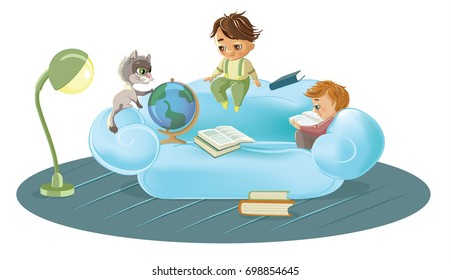 Kids in group studying inside the house with a cat with a globe on a white background. Vector illustration
