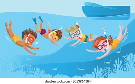 Kids Group Swimming Snorkeling Underwater. 