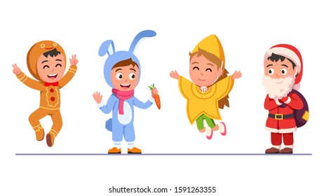 Kids group wearing winter holiday season costumes. Smiling boys, girls in Christmas & New Year Santa Claus, star, cookie, rabbit suits. Children festive clothing set flat vector character illustration