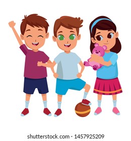 Kids groups of friends playing with ball and tedyy and smiling cartoons vector illustration graphic design