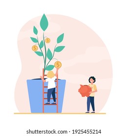 Kids Growing Money Tree. Children Investing Their Savings. Flat Vector Illustration. Finance, Financial Education, Investment Concept For Banner, Website Design Or Landing Web Page