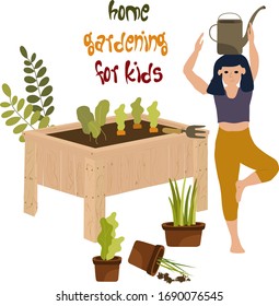Kids growing plants at home greenhouse isolated composition, children caring for plants, hobby flat cartoon vector illustration. Girl with water can planting greenery vegetables at home.
