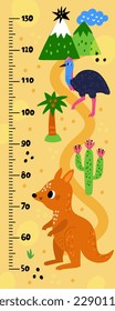 Kids growth ruler. Australian animals. Childish measuring centimeter scale. Funny kangaroo or emu. Wall meter. Children growing measurement. Desert landscape. Vector