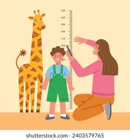 Kids growth ruler with giraffe. Mom helps son measure height, funny exotic animal, scale with numbers, parent with boy, vector illustration.eps
