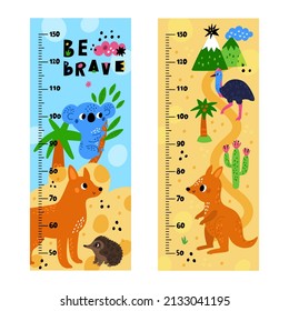 Kids growth rulers with Australian animals. Kindergarten decor. Baby measuring wall meters with funny exotic fauna. Dingo and koala on palm. Ostrich or kangaroo. Vector