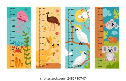 Kids growth rulers. Australian wildlife scenes, underwater world and birds. Kangaroo jellyfish koala and parrots. Cute exotic animals classy vector design