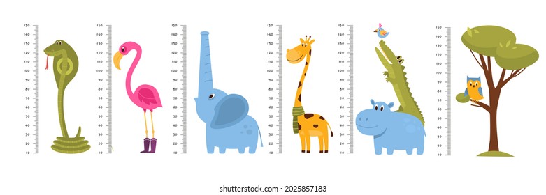 Kids Growth Rulers. Children Room Wall Decors, Funny Height Measured With Cute Colorful Animals, Tree And Birds, Cartoon Giraffe Elephant And Pink Flamingo. Vector Set