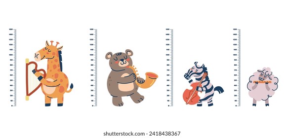 Kids growth rulers with jungle animals set. Vector flat graphic design illustration	