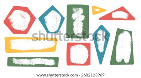 Kids grunge geometric shapes with empty space set. Text boxes paint spray textured frames. Rounded and square figures. Vector hand drawn quotation stickers shapes. Graffiti grunge geometry callout.